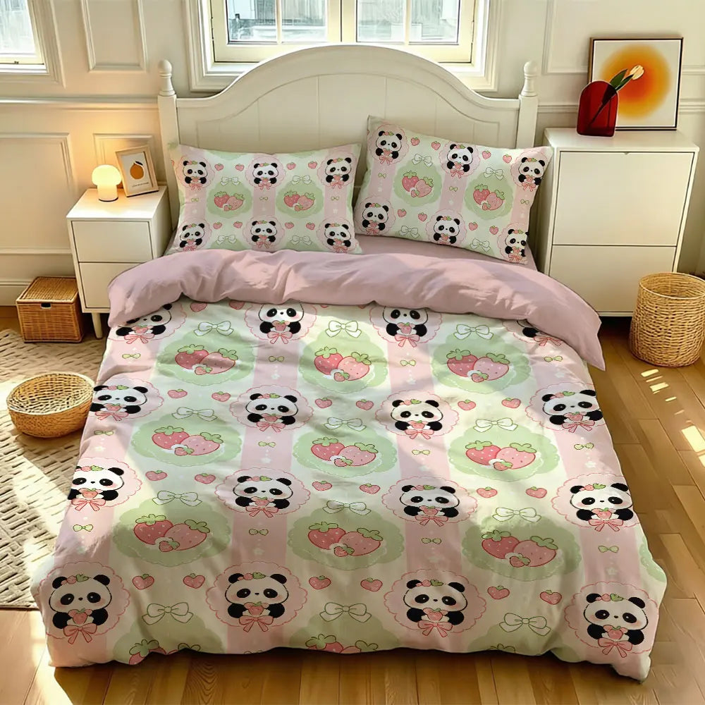 3pcs Cartoon Panda Print Coreless Duvet Cover Cool Summer Lightweight Bedding Set Multi Size Bedroom Bedding Decoration