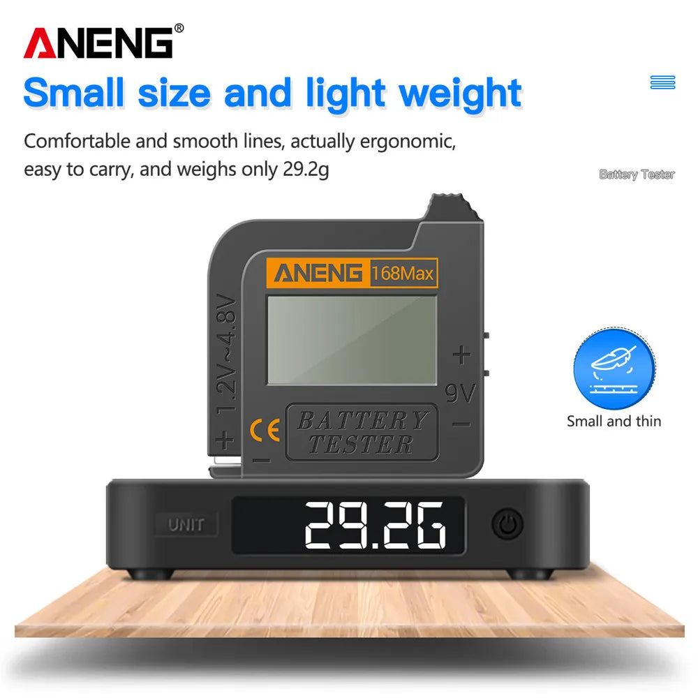 ANENG 168MAX Self Powered Digital LCD Battery Checker AA AAA C D 9V Button Cell 18650 Lithium Cell Voltage Capacity Test Tool