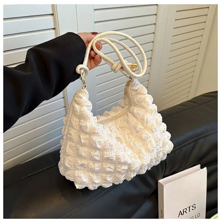 Canvas Wrinkle Bag for Women | Shoulder Bags & Pleated Bubbles Handbags (Padded Casual Underarm Quilted Tote Cloud Bag Purse)