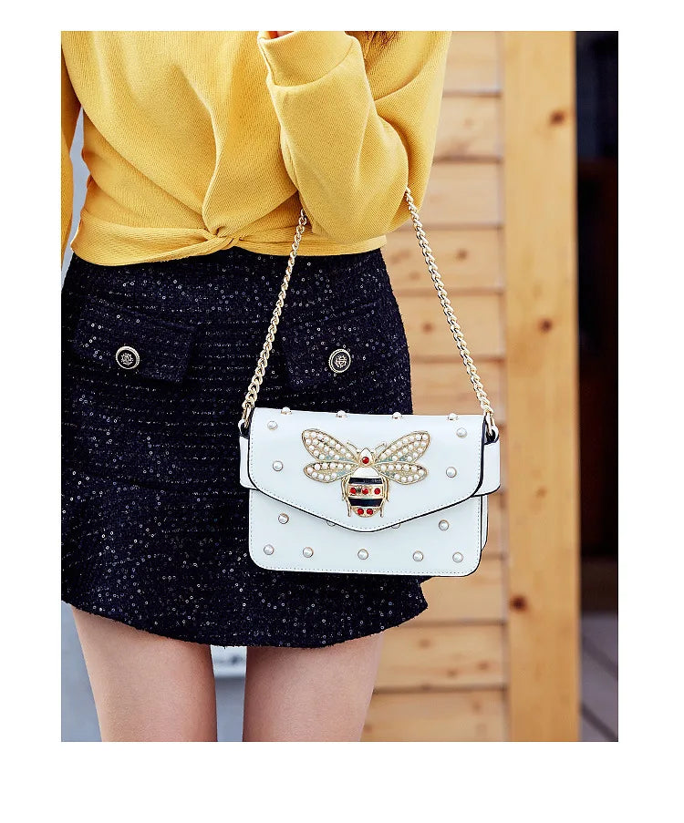Women's Pearl and Bee Shoulder Handbag | PU Crossbody Bag with Chain