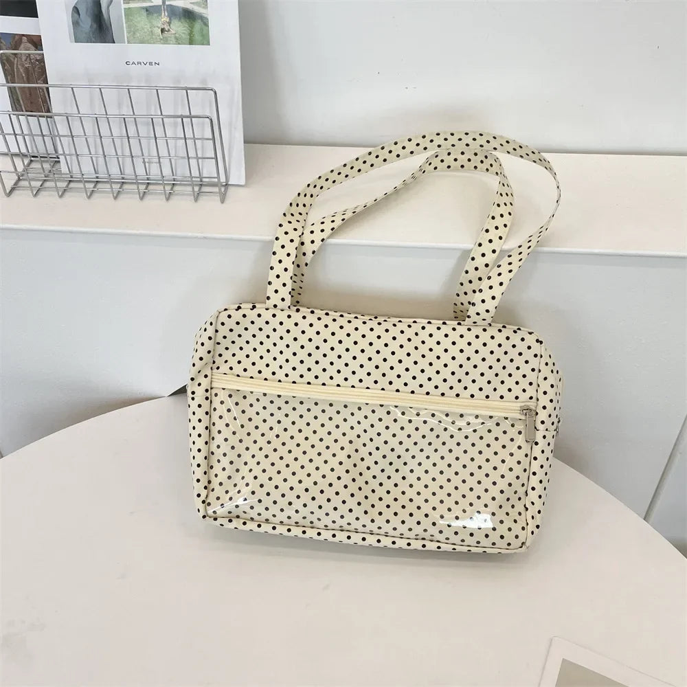 Y2K Ulzzang Ita Bag for Women | Trendy Polka Dot Canvas Shoulder & Underarm Tote (Transparent Pocket, Youth Fashion)