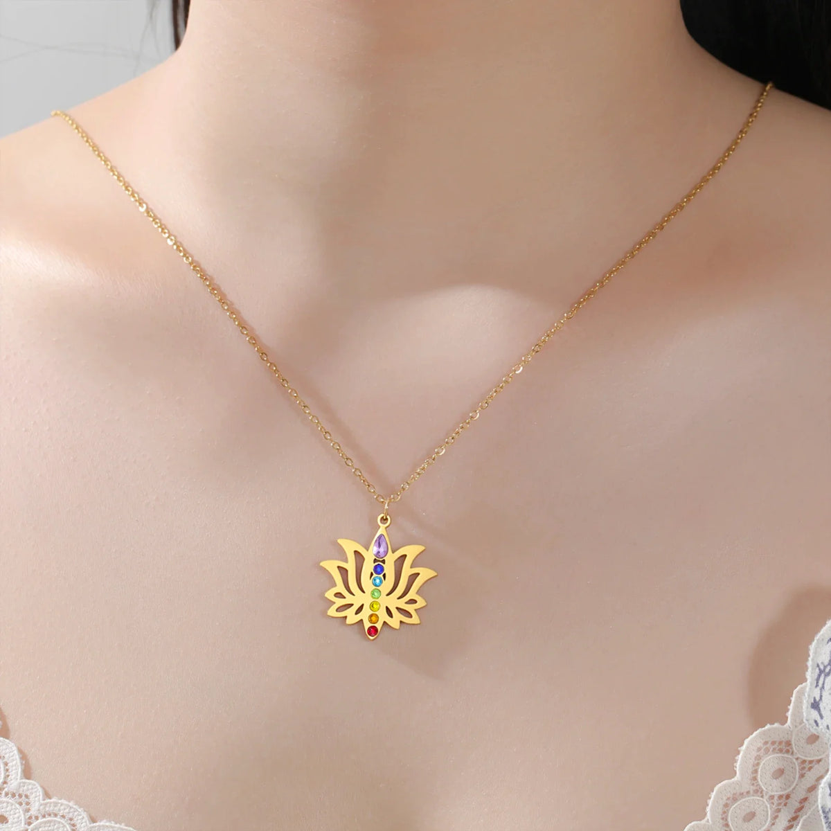 Gold Plated 7 Chakra Lotus Flower Necklace with Om Symbol Spiritual Yoga Jewelry Seven Colorful Zircon Lotus Flower Necklace