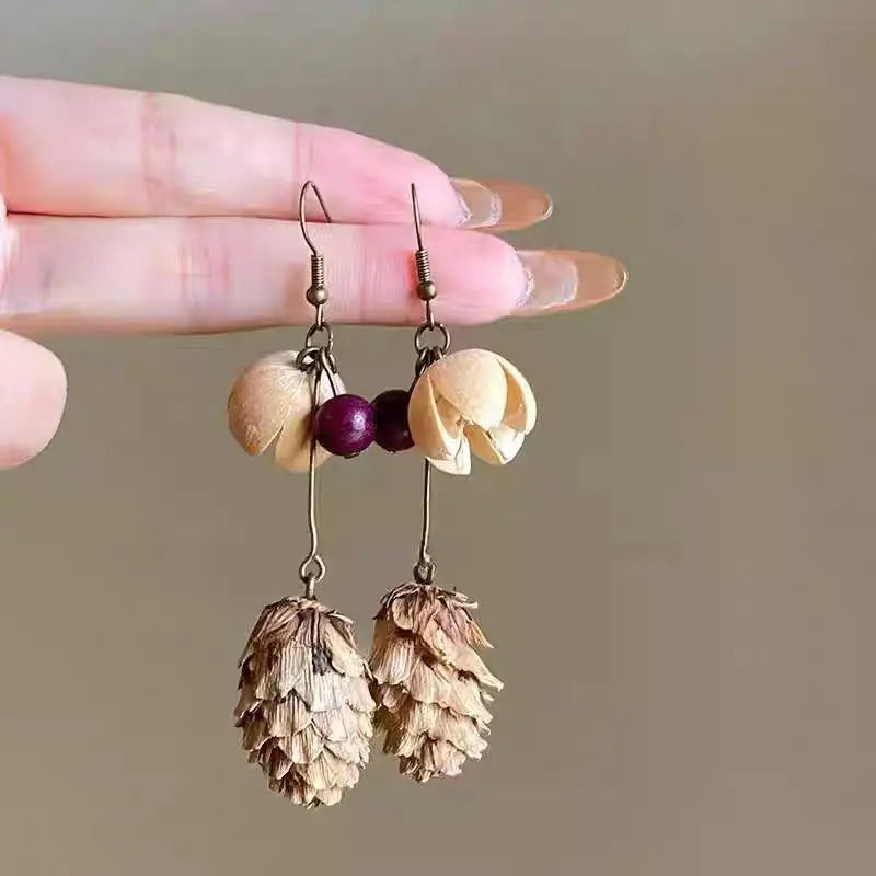 1Pair Vintage Wooden Plant Earring For Women Creative Natural Plant Dried Fruits Drop Earrings Ethnic Jewelry