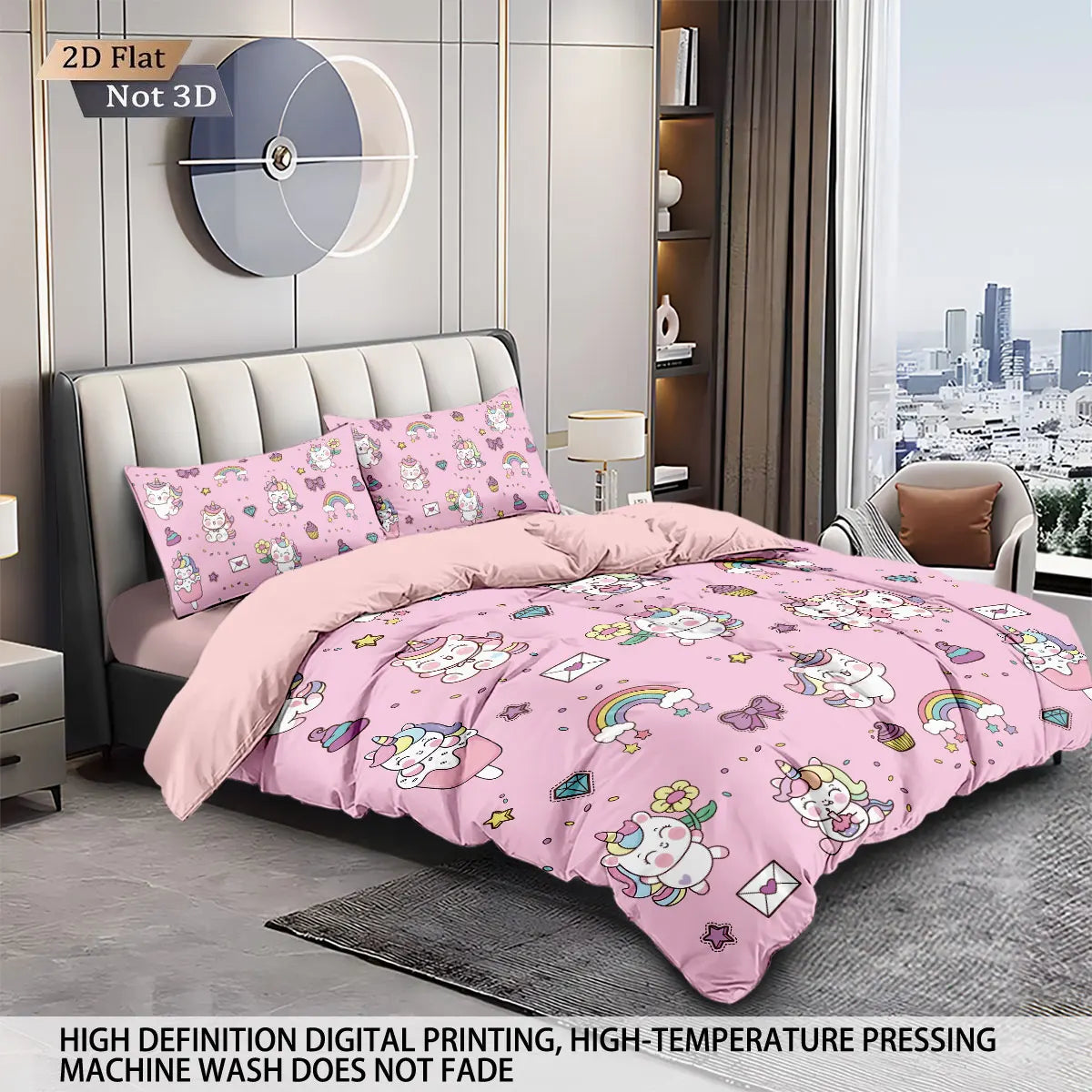 3pcs Cartoon Cute Unicorn Printed Coreless Down Duvet Cover Set, Multi Size Bedroom Bedding Decoration, Machine Washable
