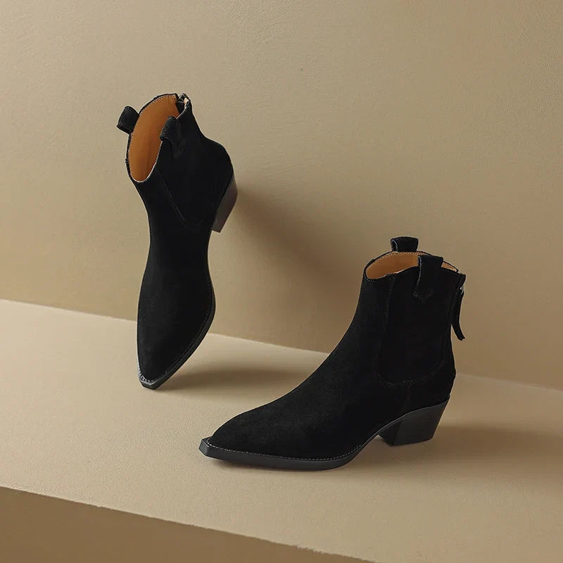 New 2025 Trend Autumn Winter Cow Suede Women Western Boots Black Brown Khaki Purple Green Burgundy Pointed Toe Lady Ankle Boots
