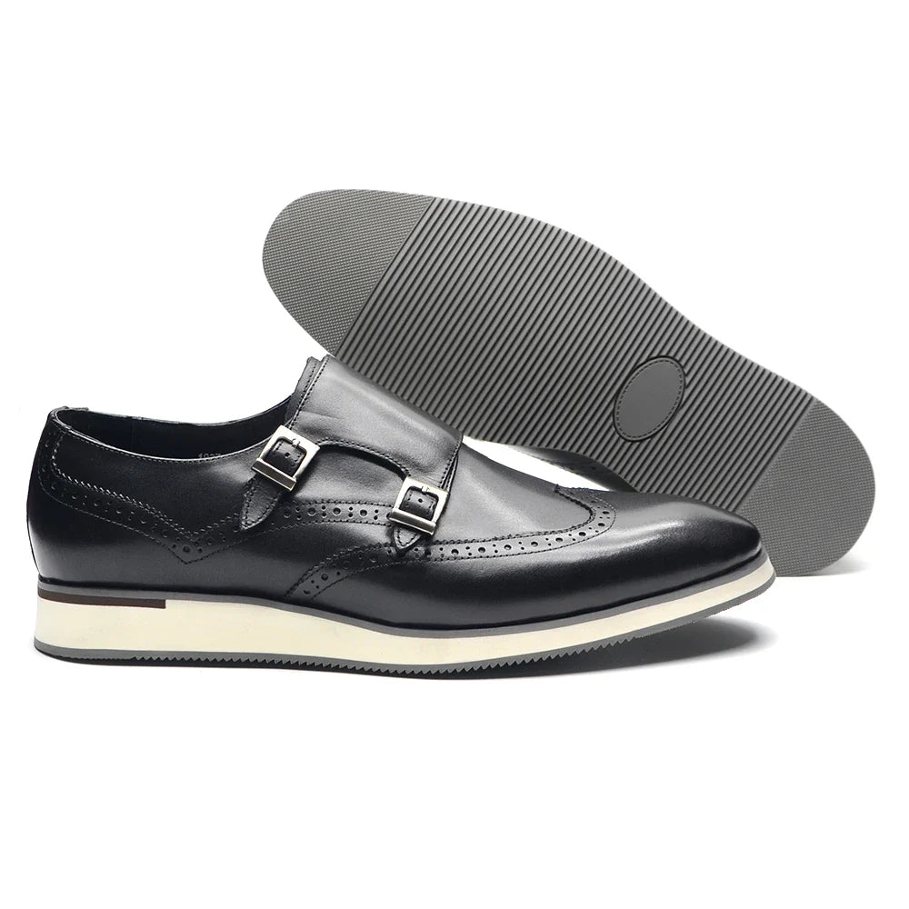 Luxury Men's Double Buckle Monk Strap Flats | Genuine Leather Casual Walk Shoes (Dark Brown, Black)