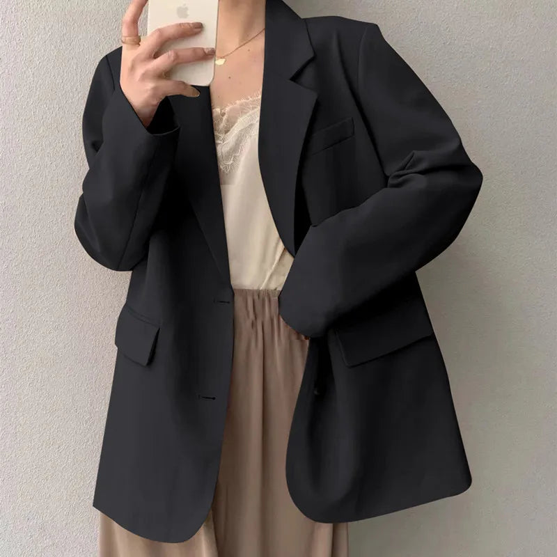 Mid Length Blazer Jacket Women Solid Long Sleeve Pocket Lapel Single Beasted Formal Coat Outerwear Loose Work Casual Blazers