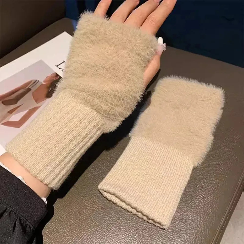 Soft Winter Half Finger Gloves Women Warm Luxury Solid White Plush Knitted Fingerless Gloves Wrist Mitten Writing Winter Gloves
