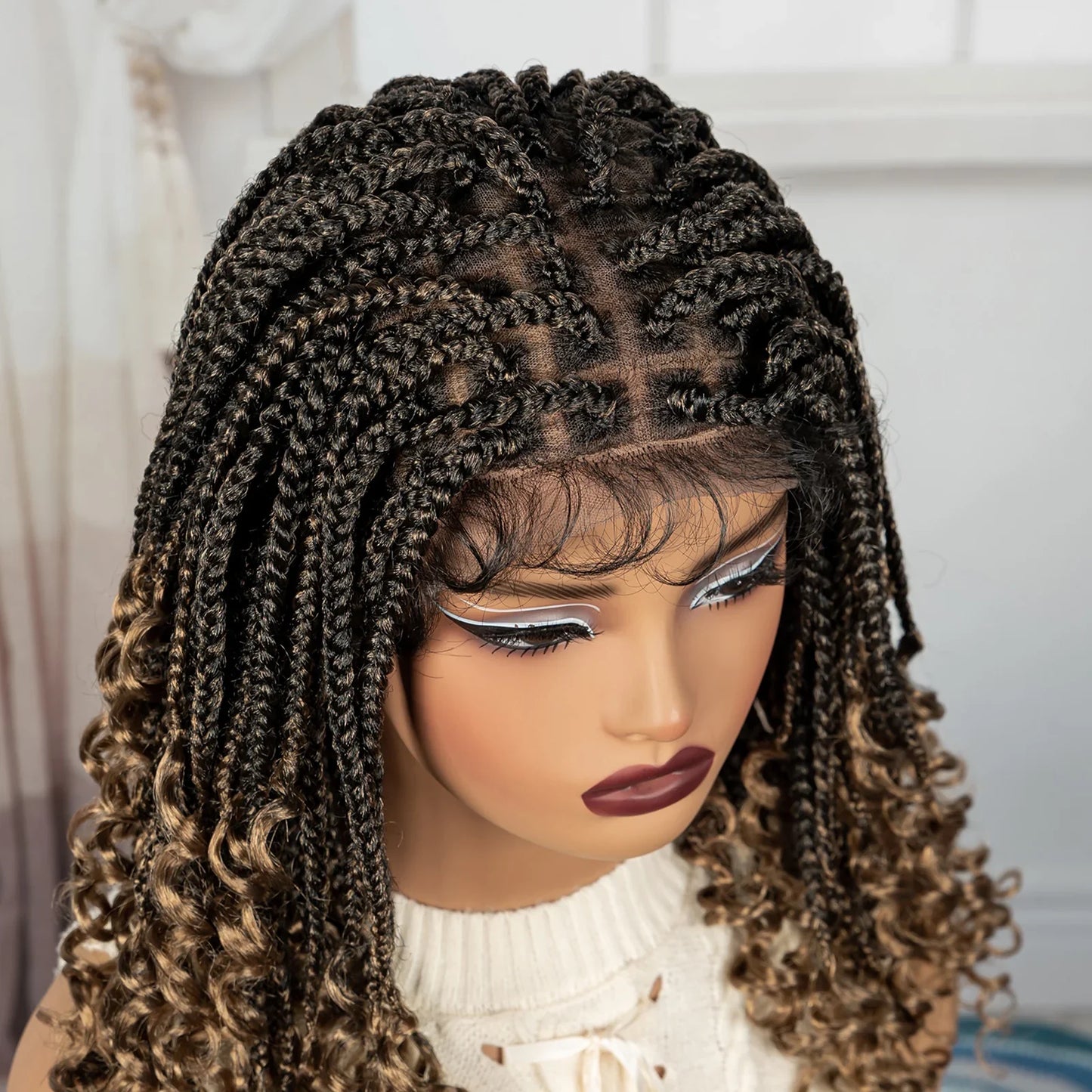Burgundy Boho Knotless Braids Bob Wig with Curly Ends | Full Lace