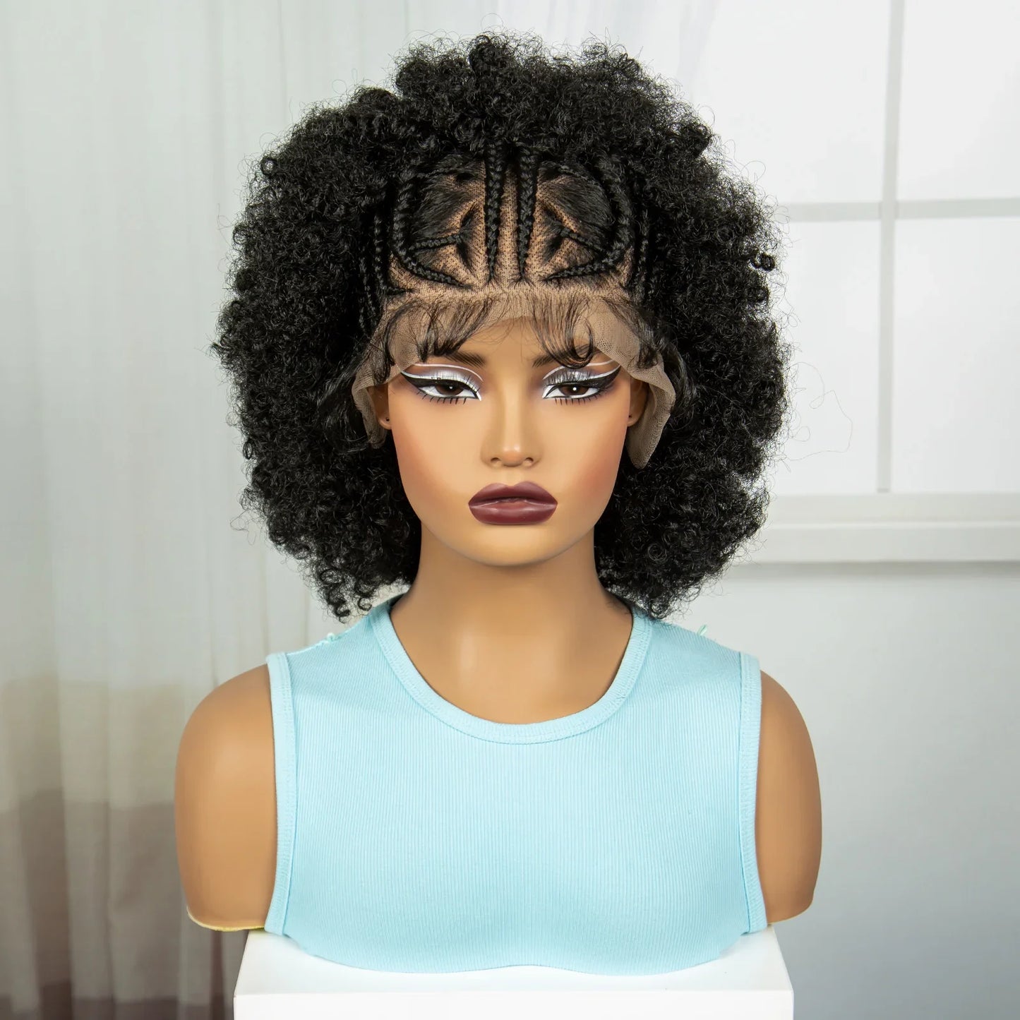 Short Natural Afro Kinky Curly Cornrow Braids Wig | Full Lace | Baby Hair