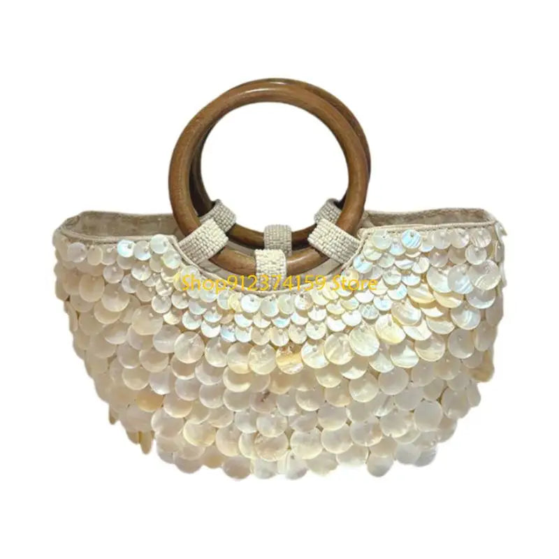 Elegant Beaded Shell Design Top Handle Purse | Bohemian Handmade Handbag for Vacation & Casual Occasions