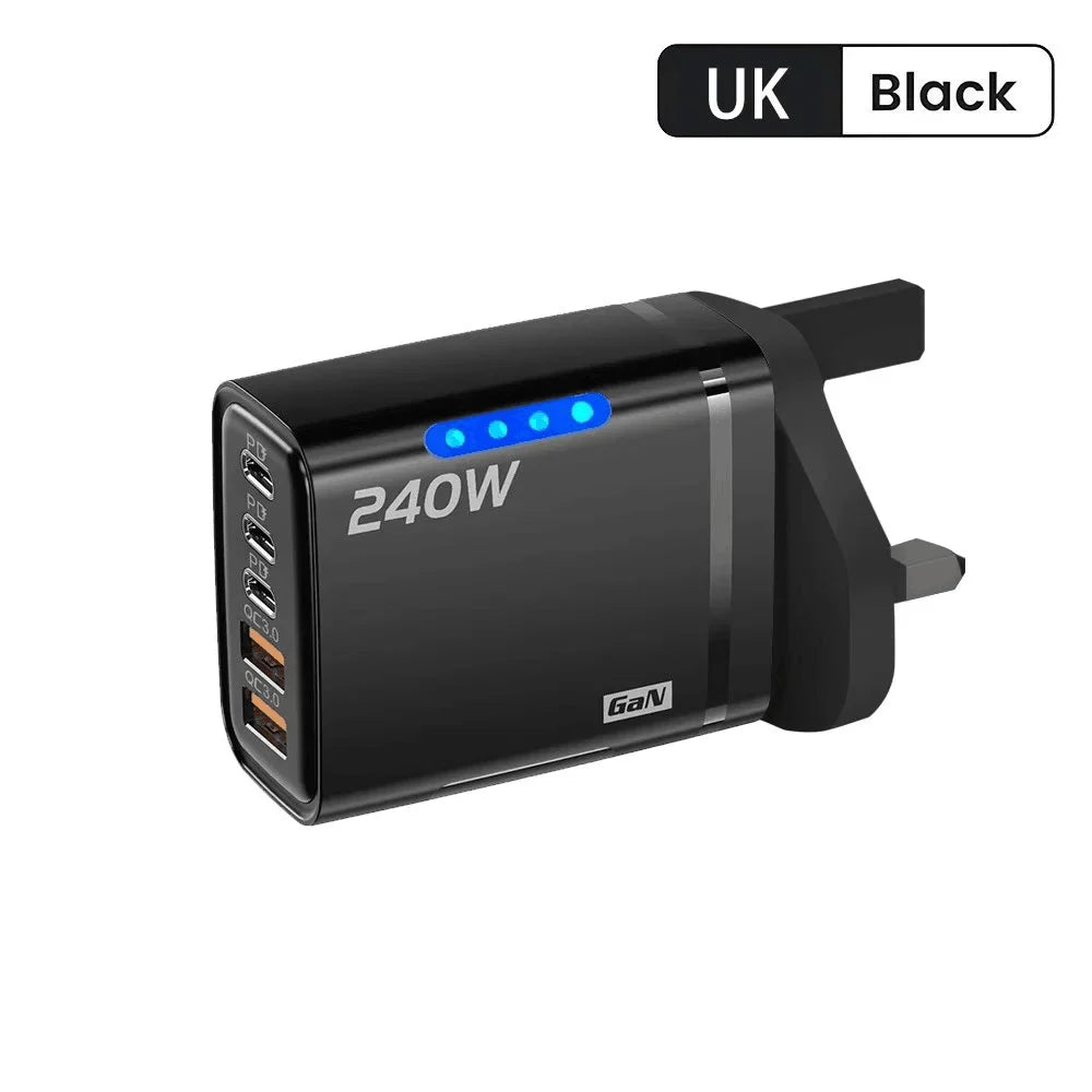 5 in 1 GaN USB C Desktop Charger 240W Fast Charge Phone Adapter 10A Type C Cable For iPhone Samsung Xiaomi EU/US/UK Plug Charger