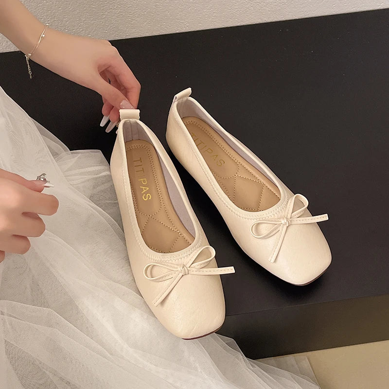 2026 Brand Women Flats Spring New Square Toe Bowknot Ladies Casual Ballet Shoes Big Size Slip on Soft Eelgant Dress Shoes 12457