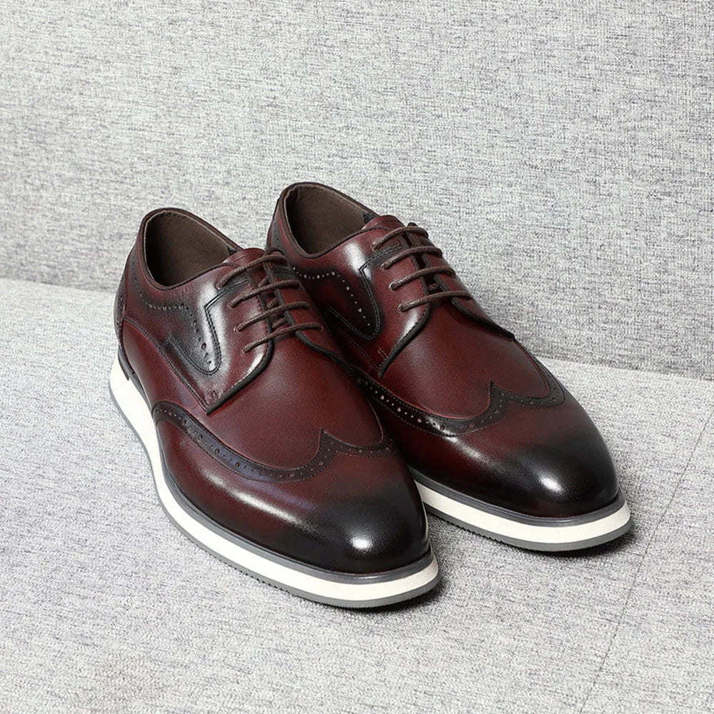 Men's Natural Cowhide Genuine Leather Derby Dress Shoes | Brogue Wingtip Flat Shoes (Black, Wine Red)
