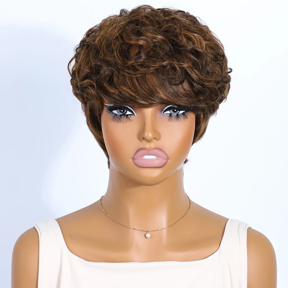 Rebecca Mixed Brown Pixie Cut Wig | Curly Side Part Brazilian Human Hair