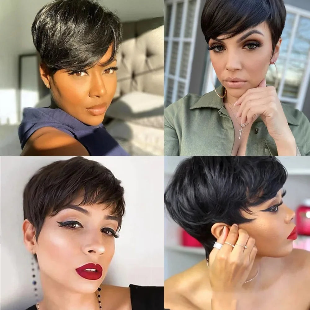 Short Pixie Cut Human Hair Wig with Bangs | Brazilian Remy, Machine Made