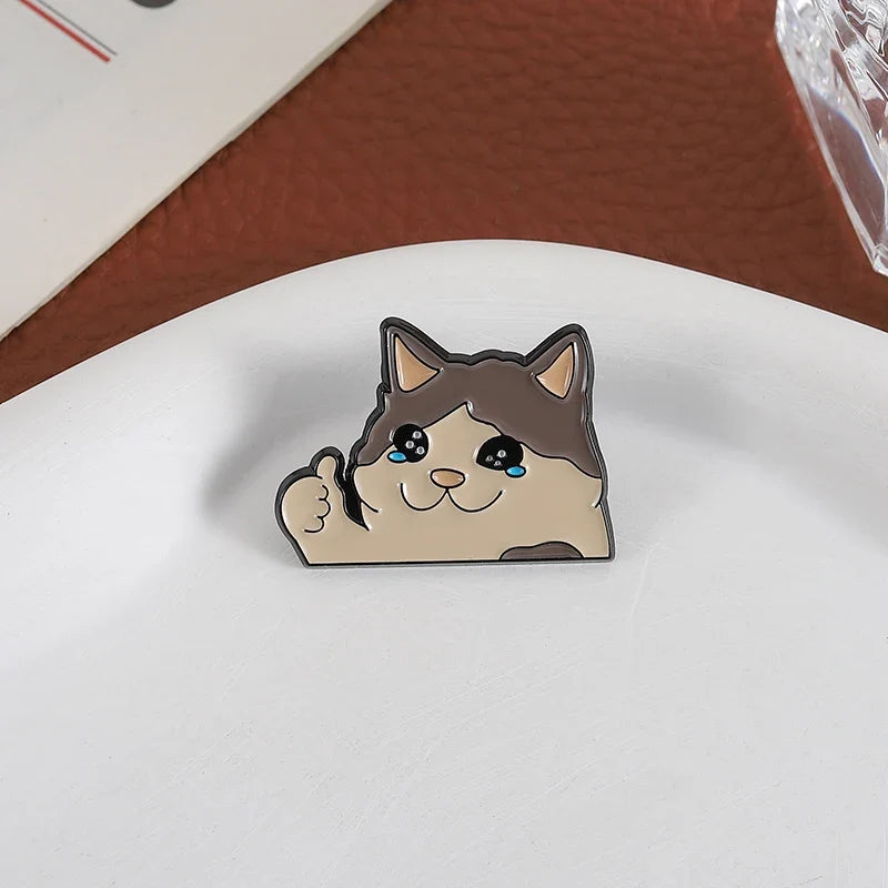 Thumb Up Crying Cat Enamel Pin Kawaii Humorous Animal Brooch Lapel Backpack Badge Funny Jewelry Gifts For Cat Lovers Friends