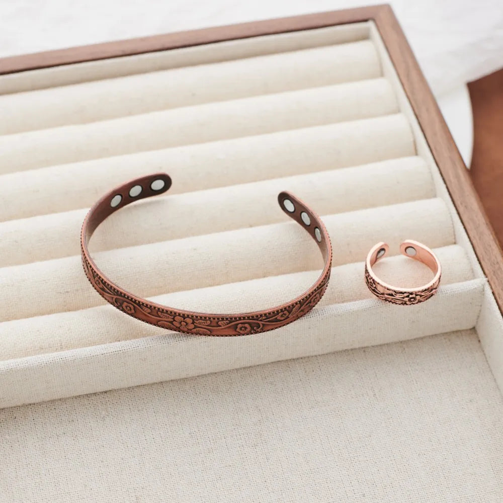 Magnetic Bracelet Retro Flower Ring Bracelet Set Adjustable Men's and Women's Plated Ancient Red Copper Magnetic Bracelet