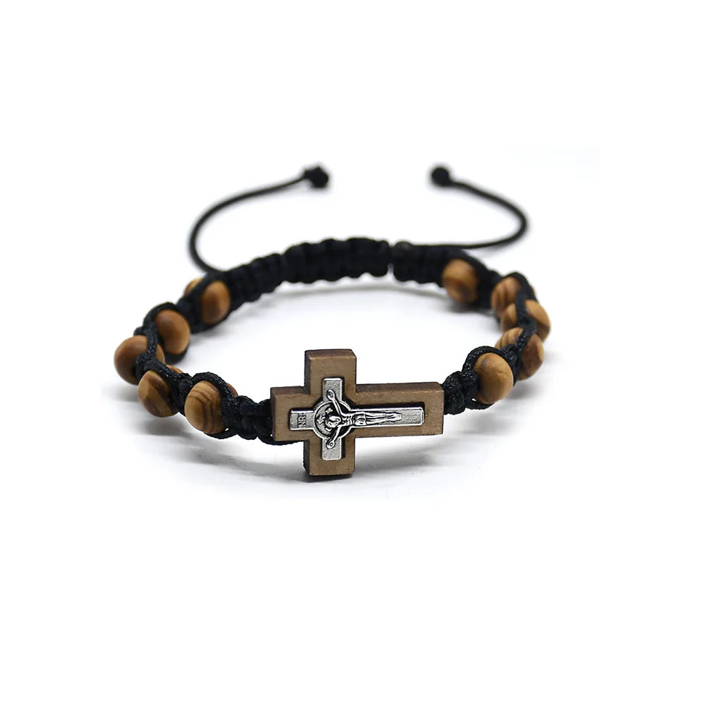 Religious Catholic Cross Bracelet Wooden Beads Wrap Braided Jesus Prayer Bracelets Handmade Jewelry Gift