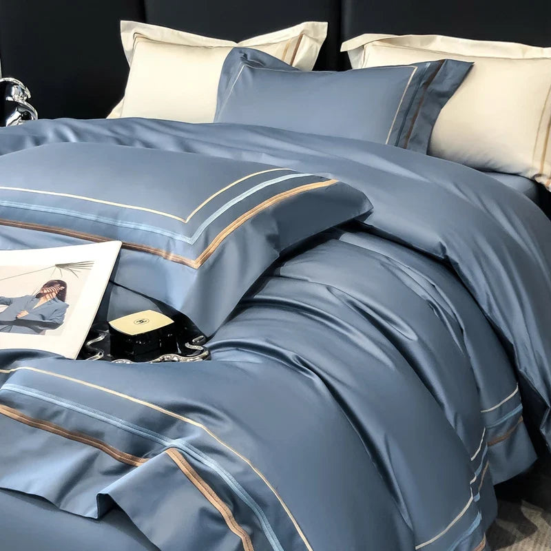 Hotel Style Bedding Set Luxury Golden Embroidery Duvet Cover Grey Egyptian Cotton Bed Sheets Pillowcases Solid Color Bedclothes