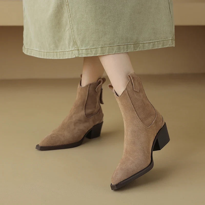New 2025 Trend Autumn Winter Cow Suede Women Western Boots Black Brown Khaki Purple Green Burgundy Pointed Toe Lady Ankle Boots