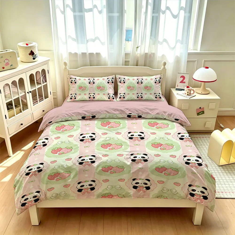 3pcs Cartoon Panda Print Coreless Duvet Cover Cool Summer Lightweight Bedding Set Multi Size Bedroom Bedding Decoration