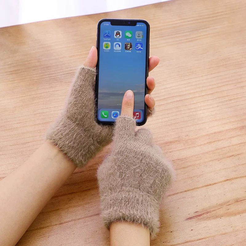 Hot sale! Women's Plush Half Finger Touchscreen Winter Gloves Soft Fashion Warm Imitation Mink Cashmere for Driving, winter work