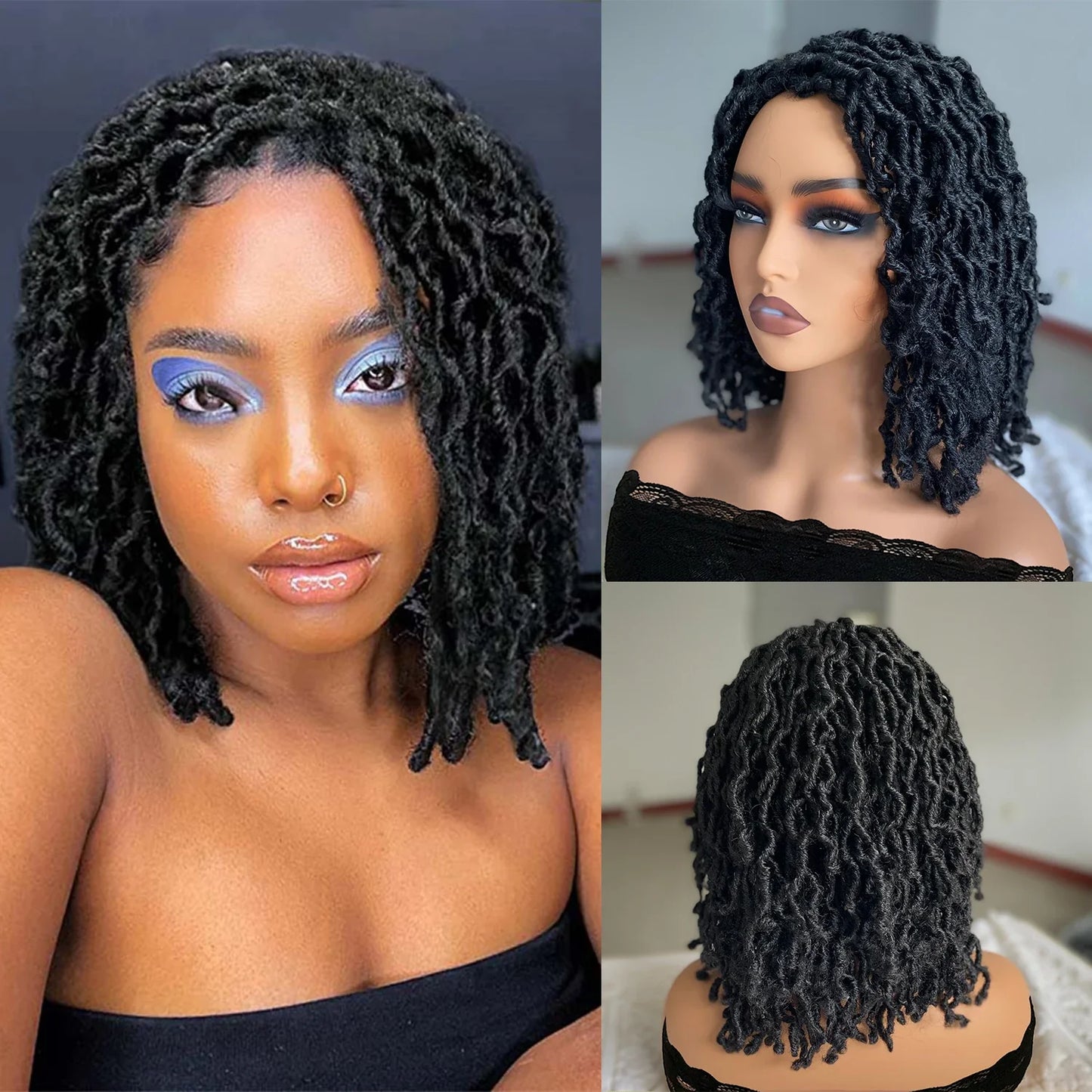 Short Goddess Faux Locs Wig | Brown Highlight Crochet Dreadlock Wig