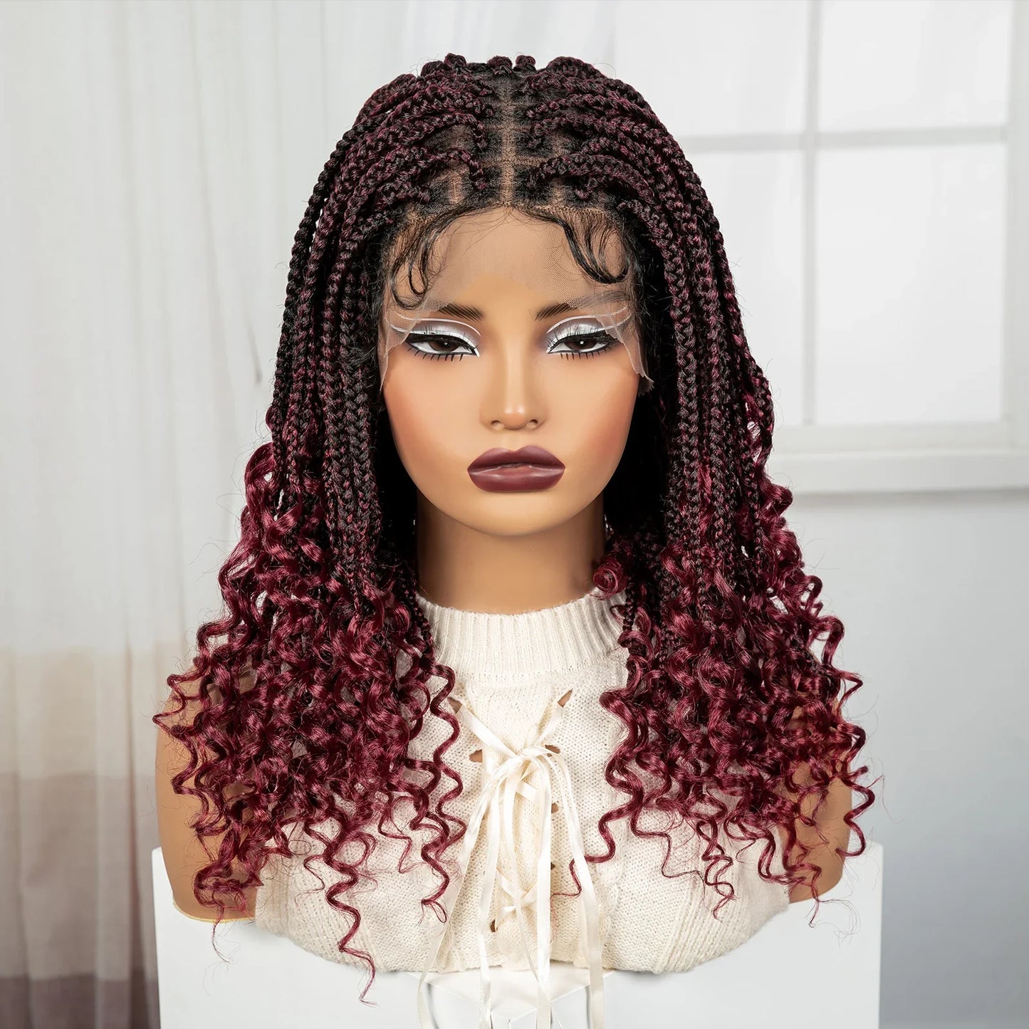 Burgundy Boho Knotless Braids Bob Wig with Curly Ends | Full Lace