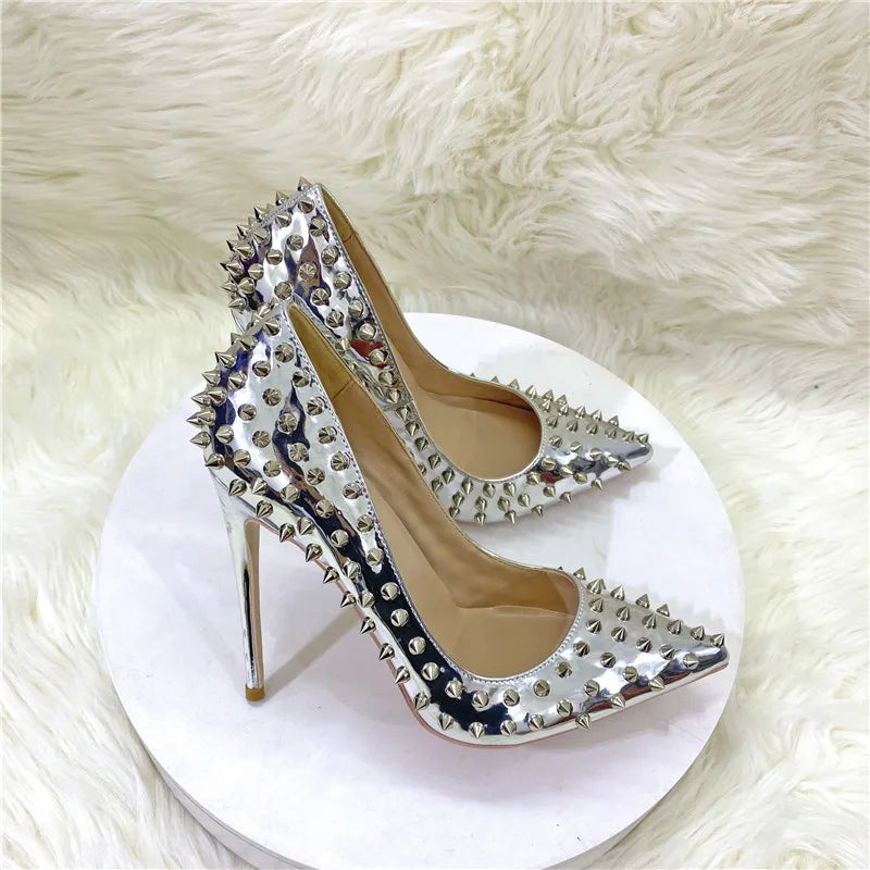 Women New Rivet High Heels 12CM Fashion Pointed Toe Party Single Shoes Europe And America Club Stage Pumps Silver Plus Size 43