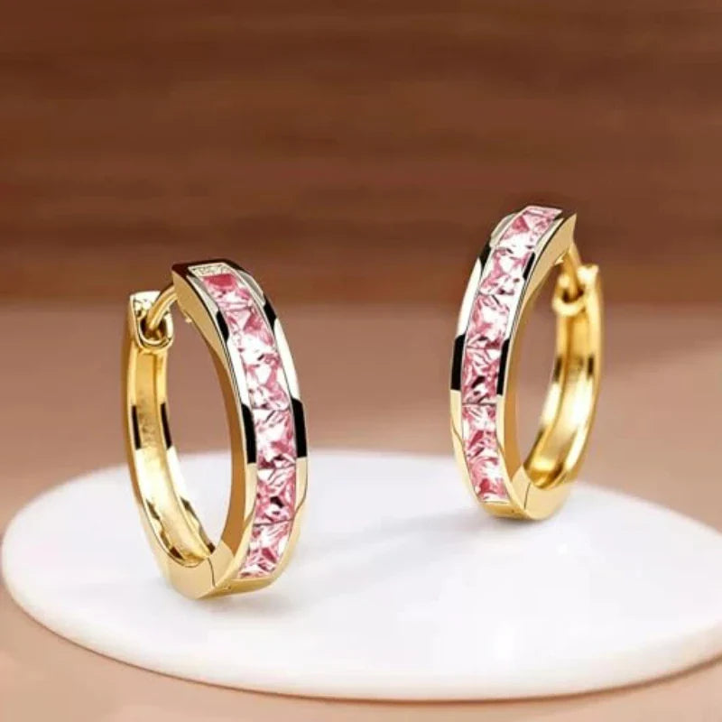 Huitan Classic Design Women Hoop Earrings Full with Princess Square CZ Simple and Elegant Female Accessories Versatile Jewelry