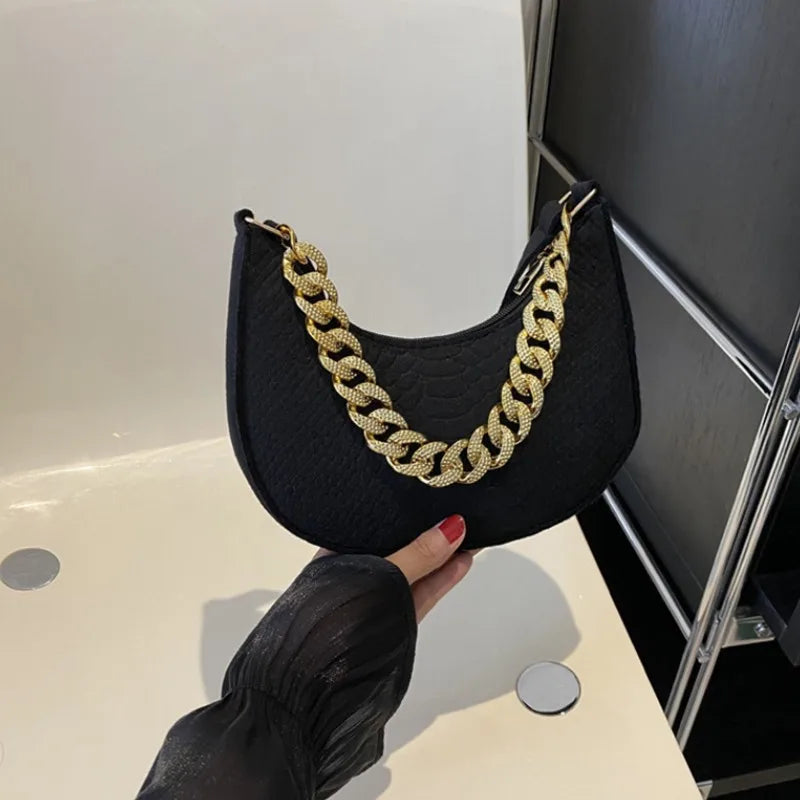 Fashion Women's Felt Handbag | Imitation Metal Chain Underarm Bag (Retro Ladies Solid Color Shoulder Bag, Trendy Casual Clutch Purse)