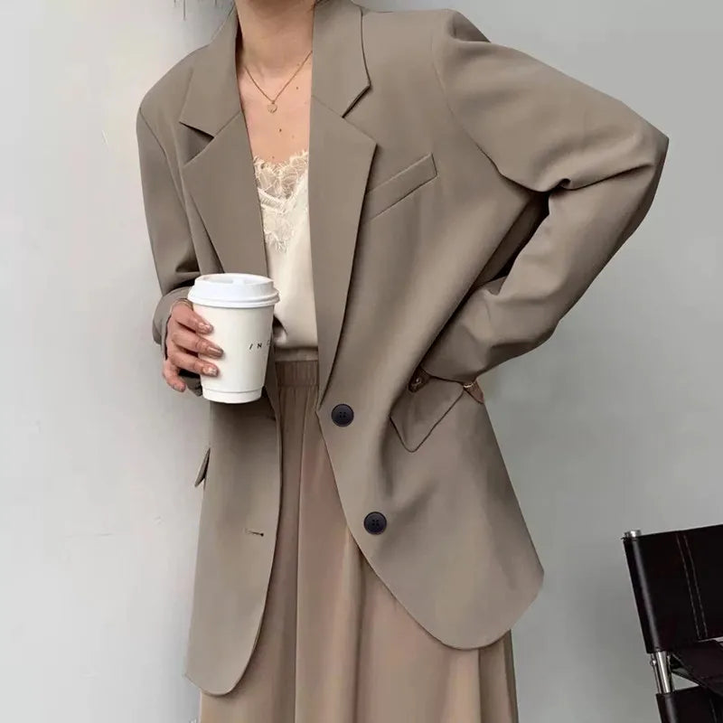 Mid Length Blazer Jacket Women Solid Long Sleeve Pocket Lapel Single Beasted Formal Coat Outerwear Loose Work Casual Blazers