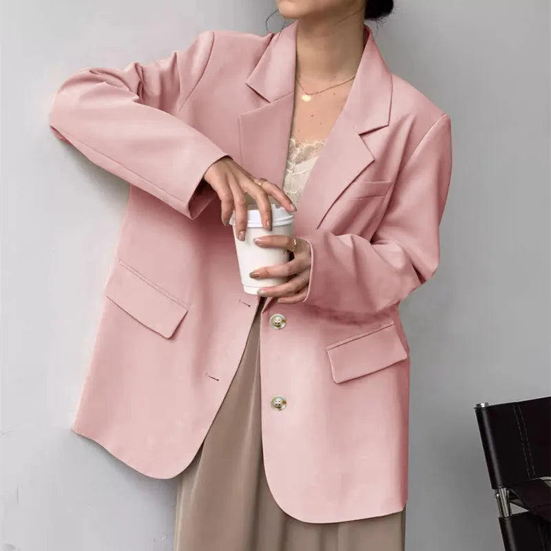 Mid Length Blazer Jacket Women Solid Long Sleeve Pocket Lapel Single Beasted Formal Coat Outerwear Loose Work Casual Blazers