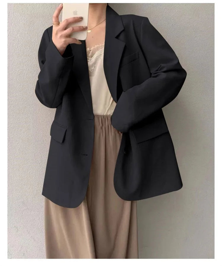 Mid Length Blazer Jacket Women Solid Long Sleeve Pocket Lapel Single Beasted Formal Coat Outerwear Loose Work Casual Blazers