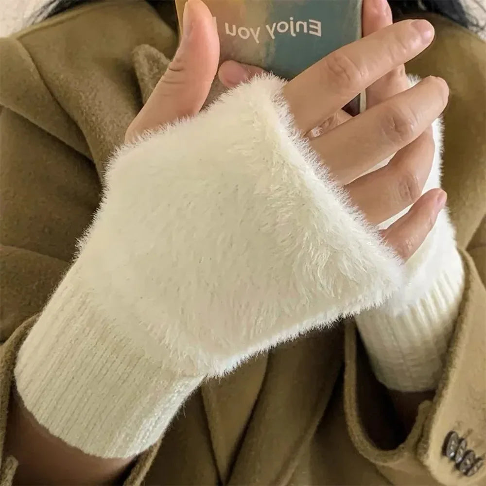 Soft Winter Half Finger Gloves Women Warm Luxury Solid White Plush Knitted Fingerless Gloves Wrist Mitten Writing Winter Gloves