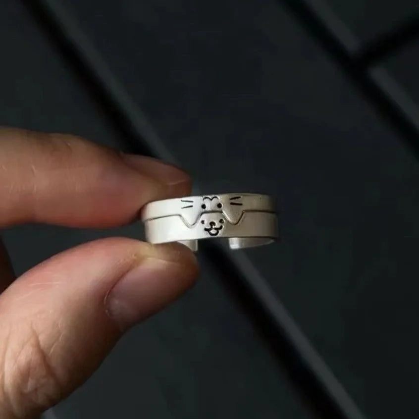 2pcs Simple Design Cute Cat Dog Animal Adjustable Couple Ring for Women Men Cartoon Fashion Couple  Friends Rings Jewelry Gifts