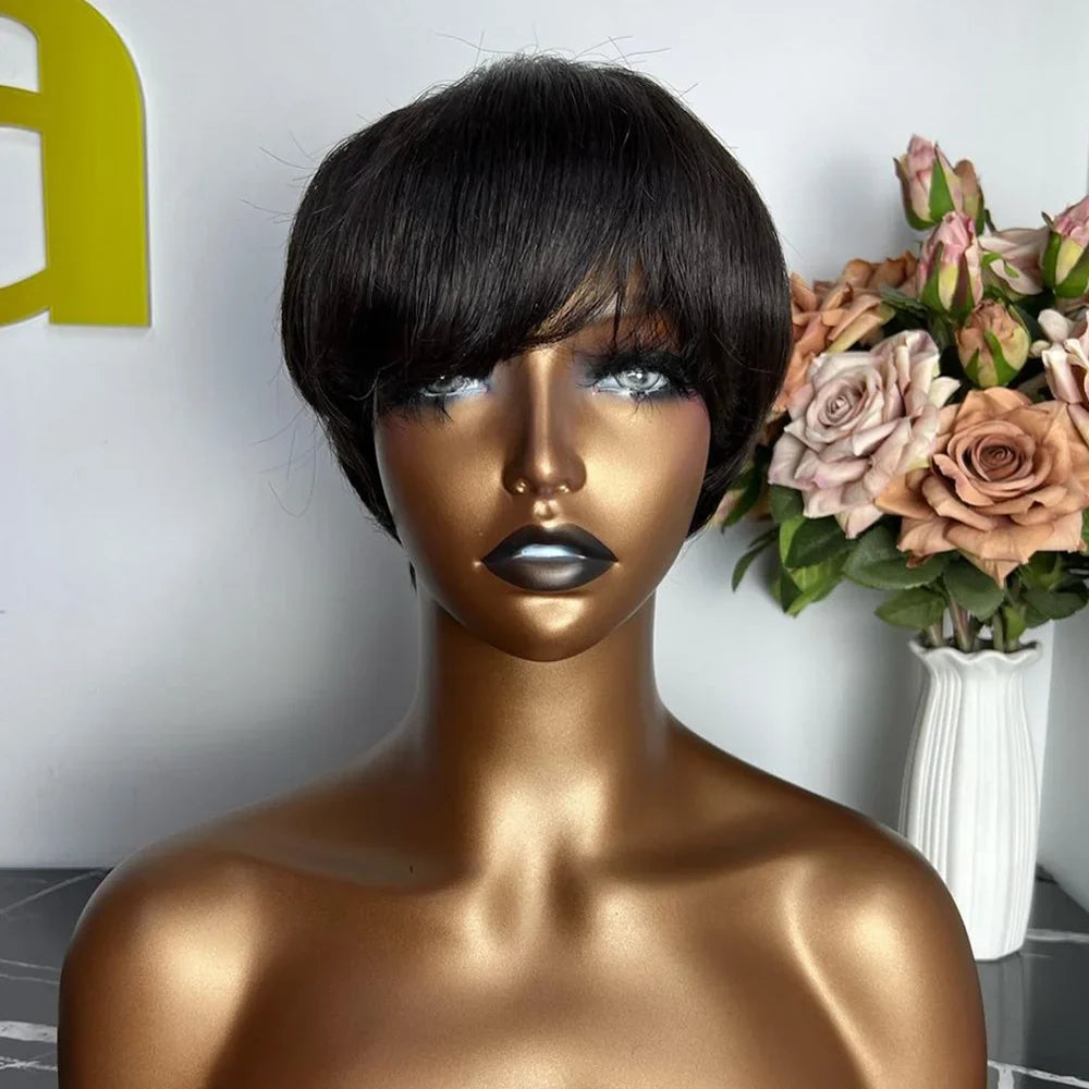 Short Pixie Cut Human Hair Wig with Bangs | Brazilian Remy, Machine Made