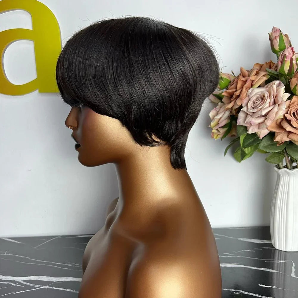 Short Pixie Cut Human Hair Wig with Bangs | Brazilian Remy, Machine Made