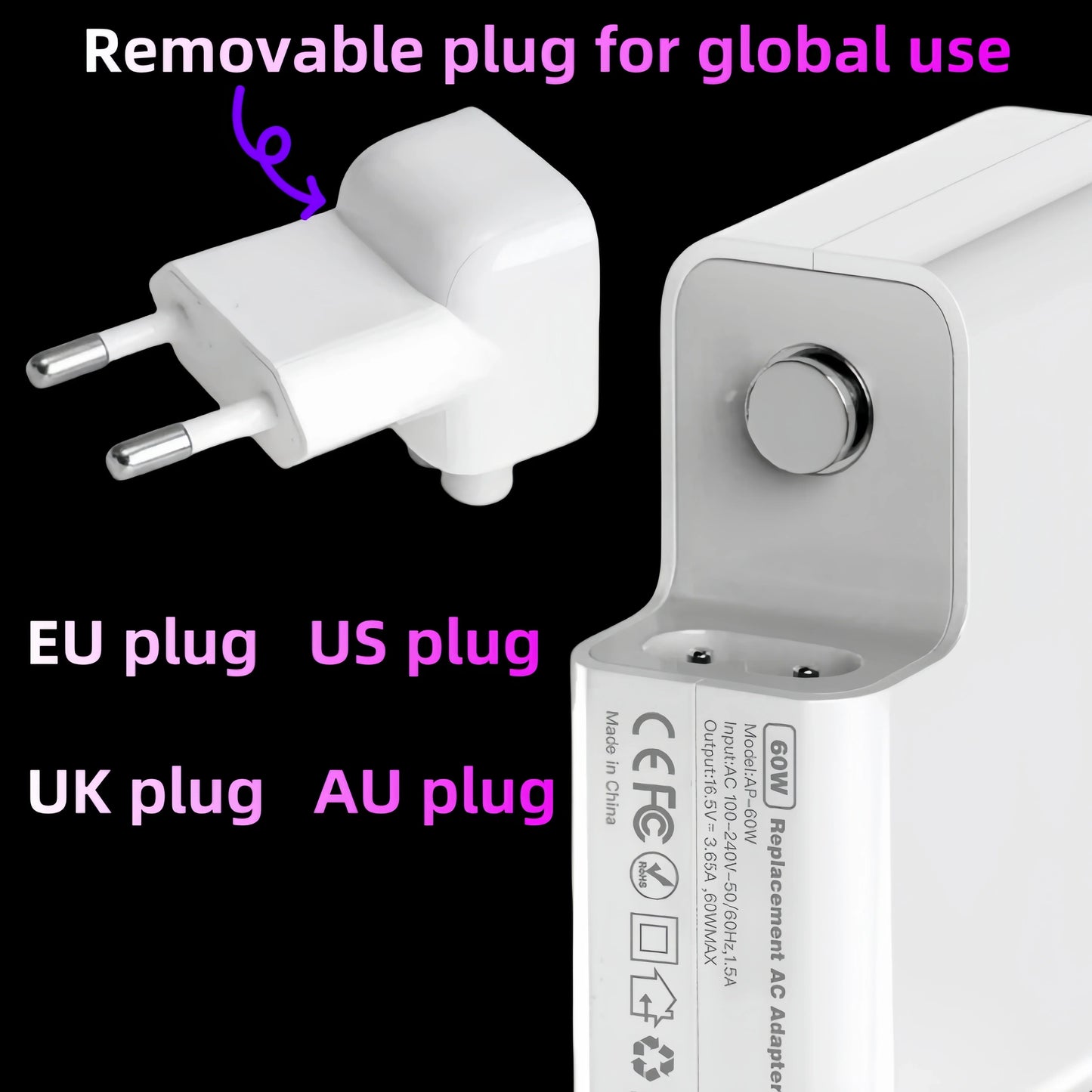 85W T-Type Magnetic Laptop Charger Power Adapter A1398 A1417 A1424 CE FCC RoHS UKCA Certified