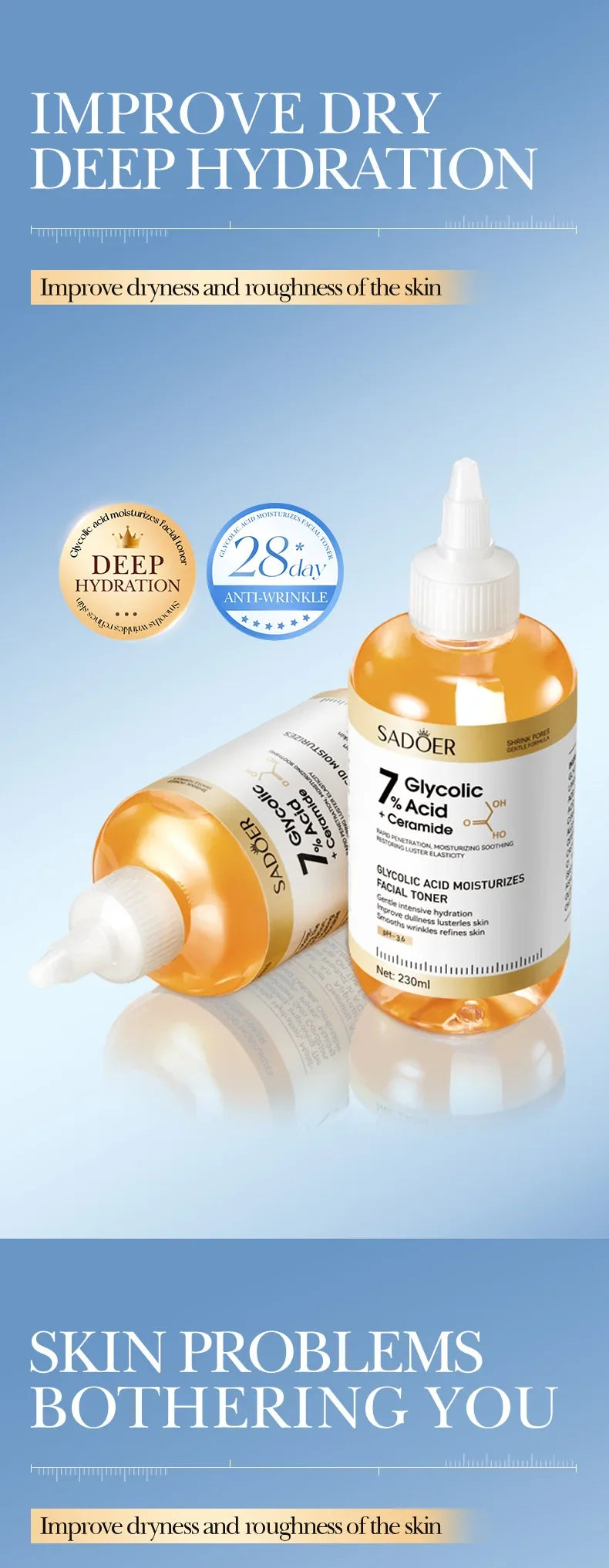 Toner SADOER Glycolic Acid Soothing Moisturizing Serum Improves Dirty and Dry Skin Fine Lines