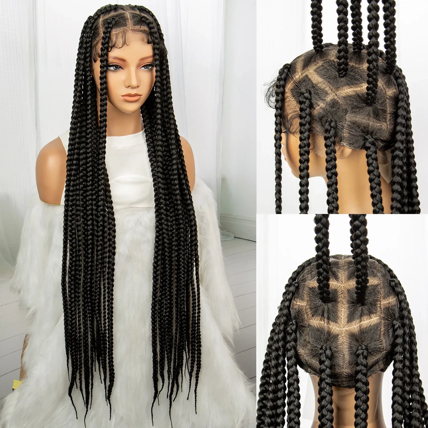 34" Knotless Box Braids Full Lace Wig | Transparent Lace | Long Black Synthetic Braids | Black Women
