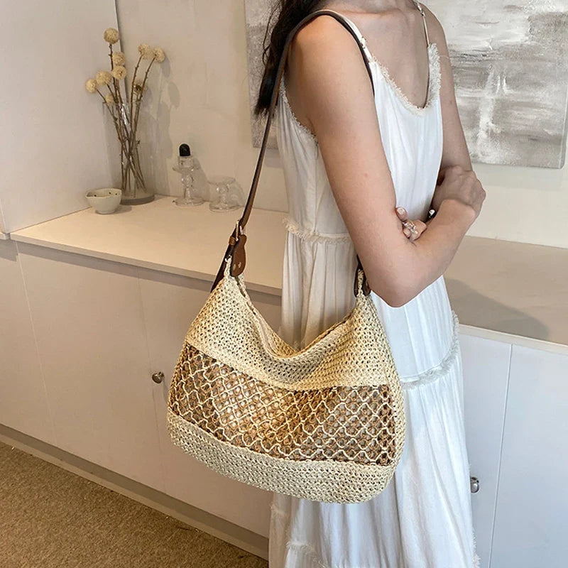 Large Capacity Summer Straw Weaving Shoulder Bag | Women's Handmade Crochet Beach Handbag & Woven Hollow Out Underarm Knitting Bag