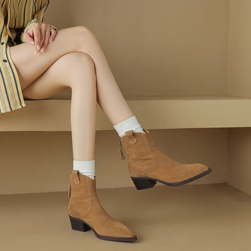 New 2025 Trend Autumn Winter Cow Suede Women Western Boots Black Brown Khaki Purple Green Burgundy Pointed Toe Lady Ankle Boots