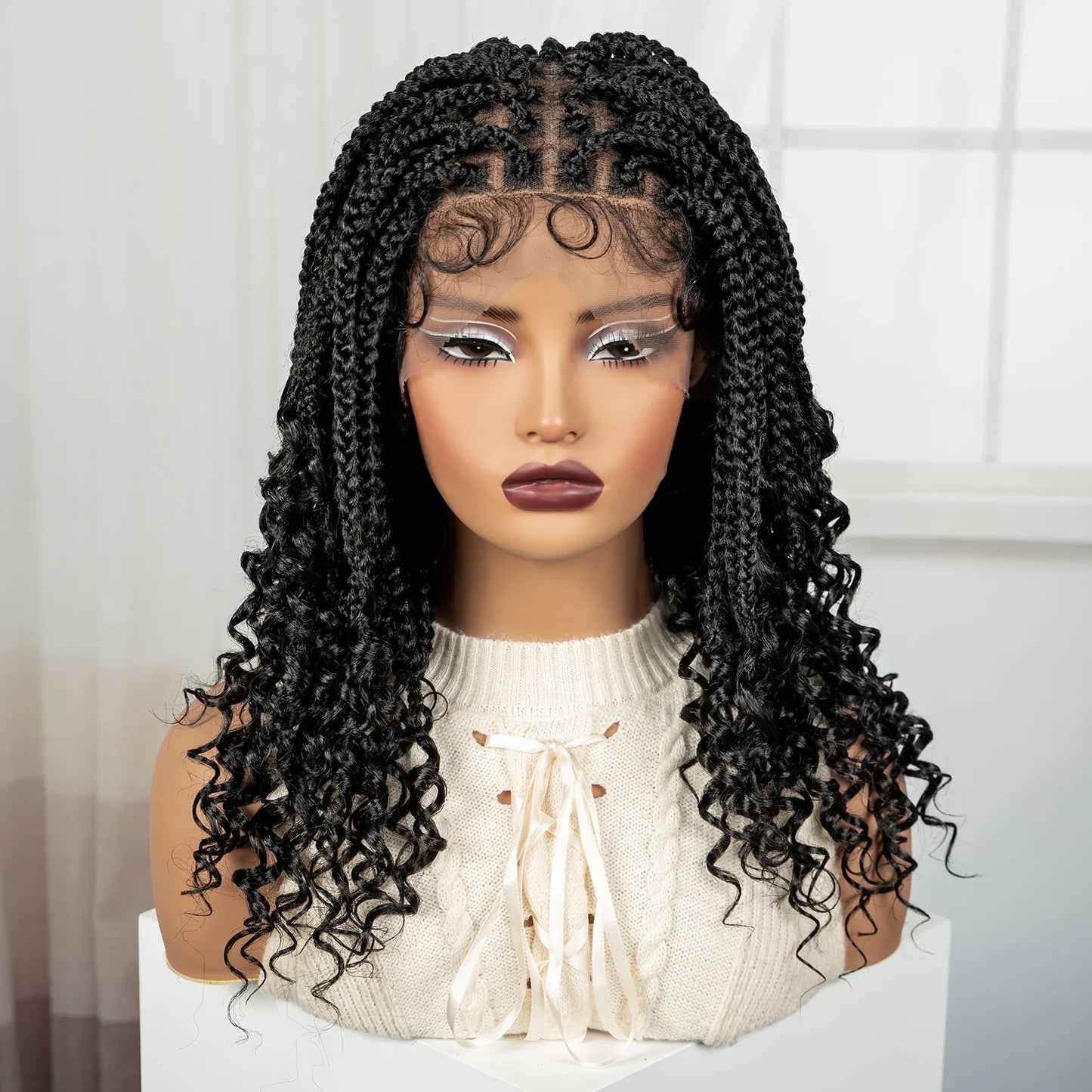 Burgundy Boho Knotless Braids Bob Wig with Curly Ends | Full Lace