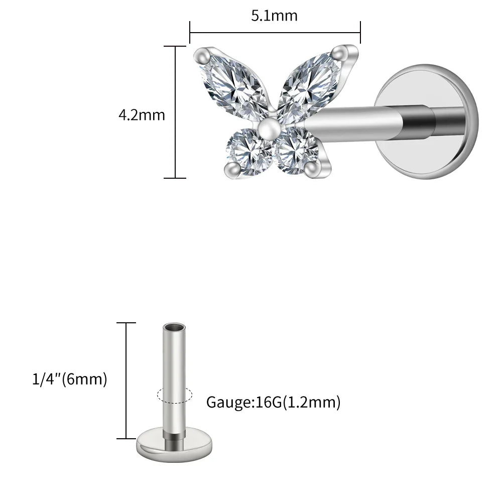 Right Grand ASTM F136 Titanium 16G Mini Butterfly CZ Labret Tragus Cartilage Conch Forward Helix Stud Nose Piercing Body Jewelry