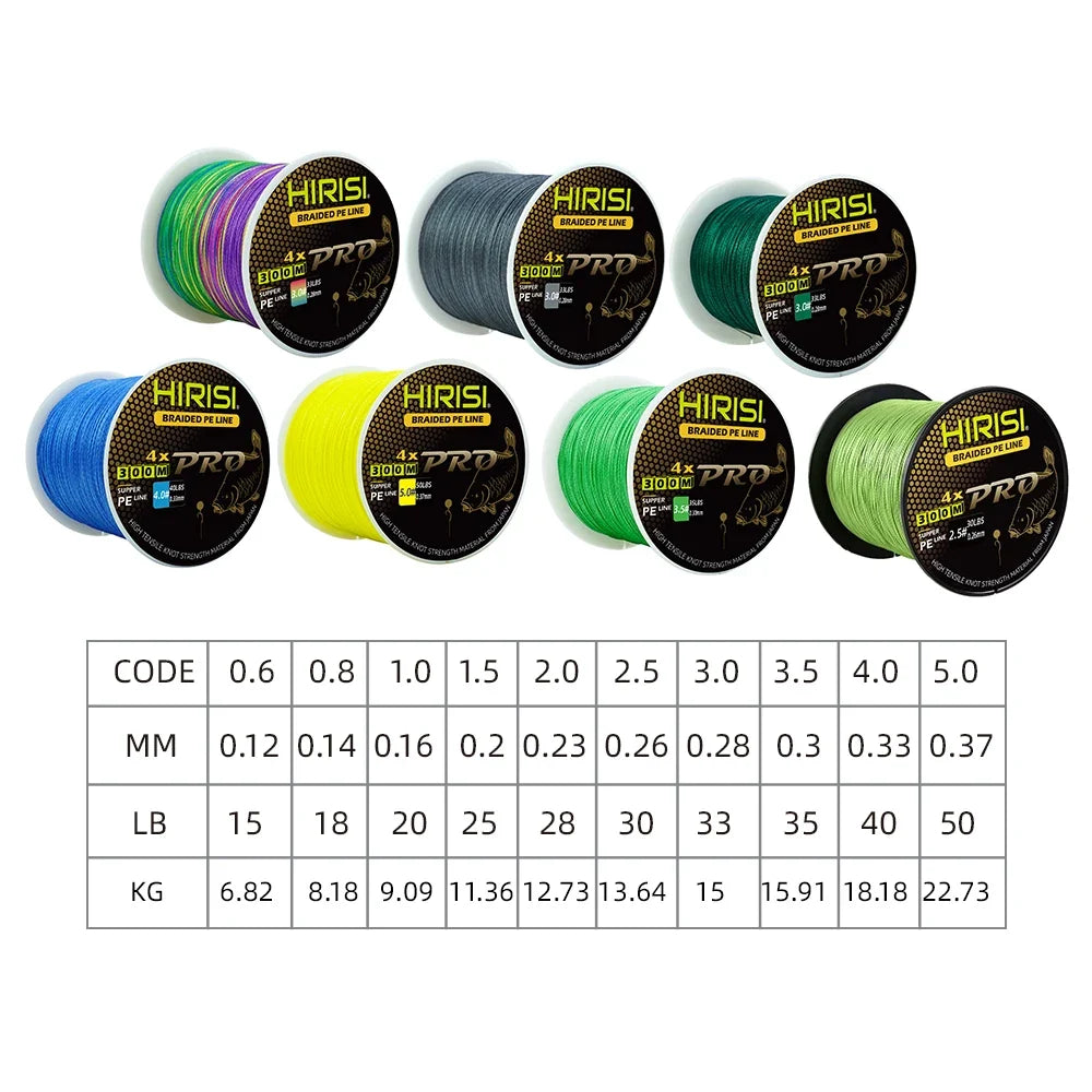 Hirisi Carp Fishing Line 300M Braided PE Line 4 Strands 15-50LB Multifilament Fishing Line Smooth Fishing Accessories
