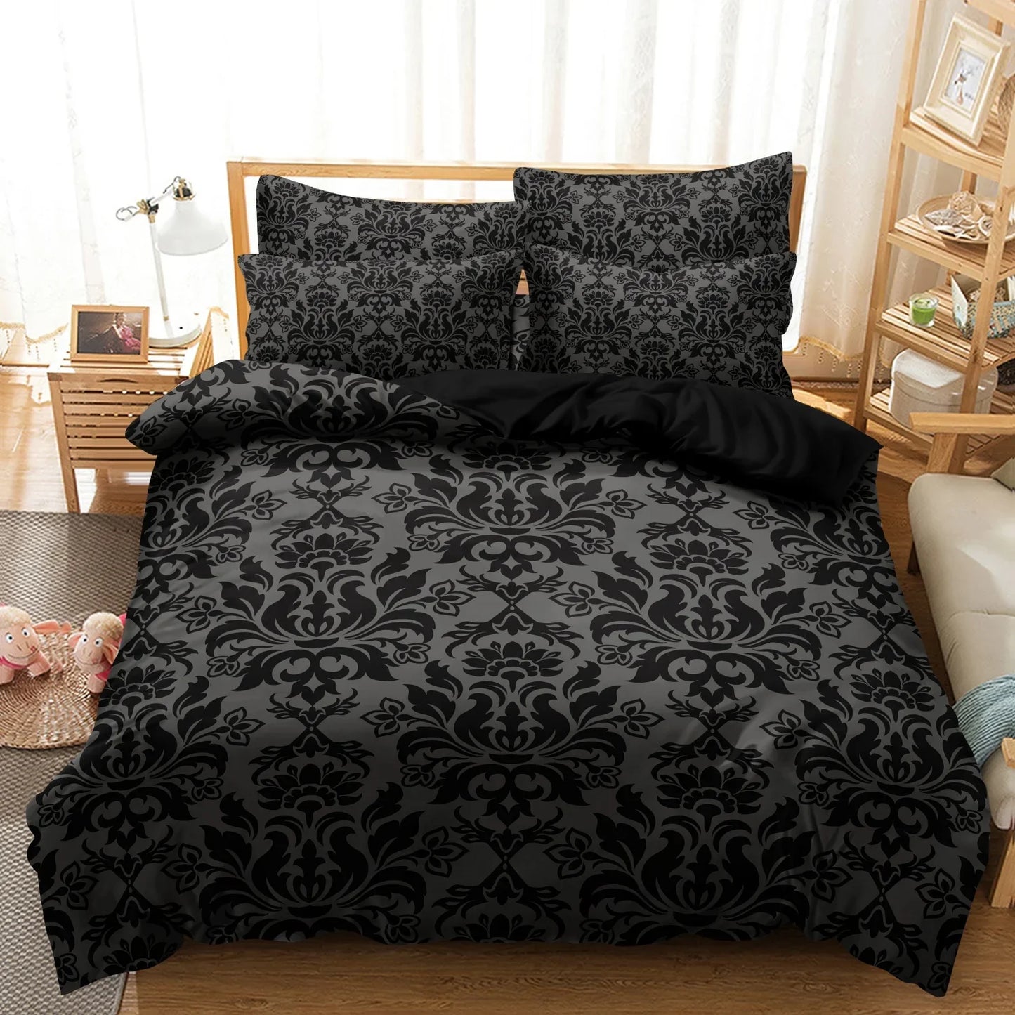 3Pcs Black Grey Textured Print Duvet Cover Bedding Set Included 1 Duvet Cover & 2 Pillowcases For Bedroom Guest Room Dorm Decor