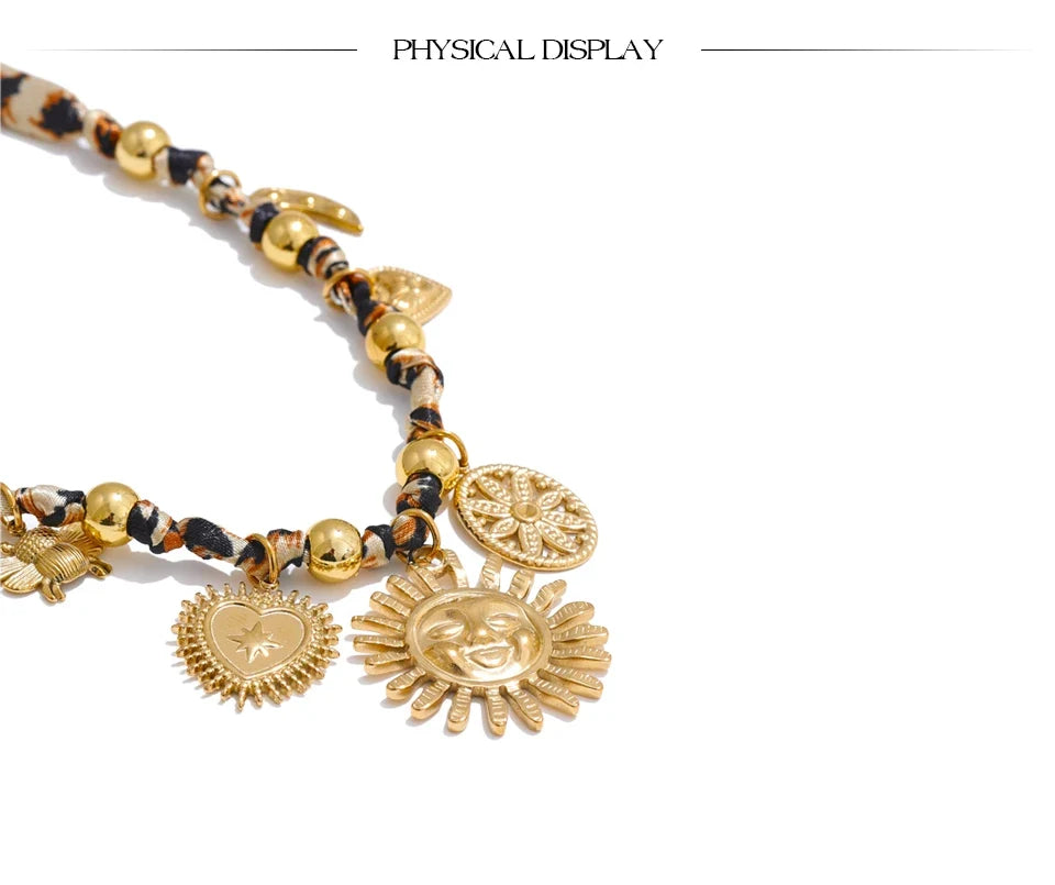 Yhpup Popular Stainless Steel Leopard Polyester Sun Flower Heart Insect Drop Collar Necklace 18K PVD Plated Fashion Jewelry Gift