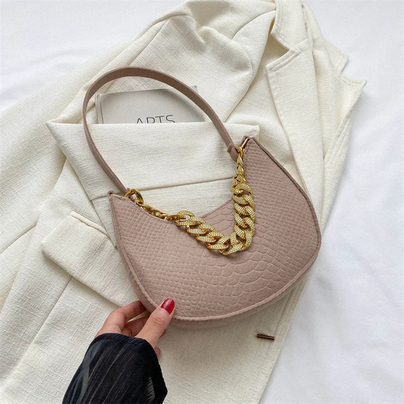 Fashion Women's Felt Handbag | Imitation Metal Chain Underarm Bag (Retro Ladies Solid Color Shoulder Bag, Trendy Casual Clutch Purse)